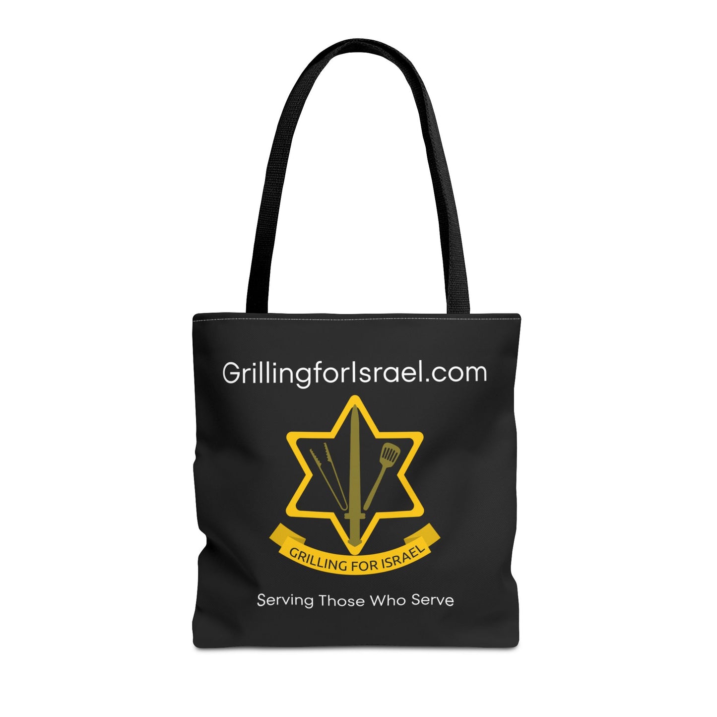Grilling for Israel Tote Bag, Military Support Tote, Serving Those Who Serve Bag, Black AOP Tote for Casual Outings, Gift for BBQ Lovers